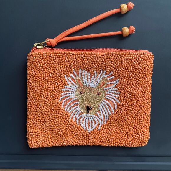 Zodiac Leo Lion Orange Beaded Zipper Mini Bag Coin Purse Hand Wallet 5 x 4 in - Picture 1 of 6